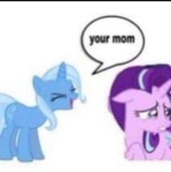 Size: 941x946 | Tagged: safe, edit, imported from derpibooru, starlight glimmer, trixie, pony, unicorn, crying, duo, female, insult, mare, meme, needs more jpeg, shitposting, simple background, text, white background, your mom