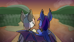 Size: 5120x2880 | Tagged: safe, artist:japkozjad, imported from derpibooru, oc, oc only, oc:dreamyway skies, oc:nightstaroc, bat pony, bat pony oc, bat wings, female, female oc, hug, lake, looking forward, mare, scenery, shading, sitting, sunset, water, winghug, wings