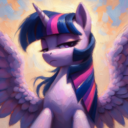 Size: 2048x2048 | Tagged: safe, imported from derpibooru, twilight sparkle, alicorn, pony, ai content, disappointed, generator:bing image creator, generator:dall-e 3, looking at you, prompter:krivovyaz, serious, serious face, simple background, solo, spread wings, the quality of ai art is frightening, twilight sparkle (alicorn), wings