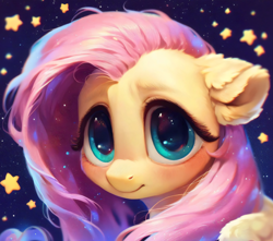 Size: 1806x1594 | Tagged: safe, imported from derpibooru, fluttershy, pegasus, pony, ai assisted, ai content, ai generated, beautiful, big eyes, blushing, cute, detailed hair, ear fluff, fluffy, generator:purplesmart.ai, generator:stable diffusion, green eyes, looking at you, night, pink hair, prompter:saltyvity, shy, shyabetes, smiling, solo, space, sparkles, stars