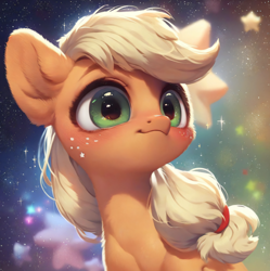 Size: 918x922 | Tagged: safe, imported from derpibooru, applejack, earth pony, pony, ai assisted, ai content, ai generated, beautiful, big eyes, blushing, cute, cute face, detailed hair, ear fluff, fluffy, generator:purplesmart.ai, generator:stable diffusion, green eyes, happy, night, prompter:saltyvity, smiley face, smiling, solo, space, sparkles, stars, the quality of ai art is frightening, yellow mane