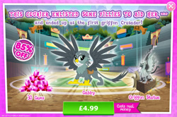 Size: 1958x1298 | Tagged: safe, imported from derpibooru, gabby, griffon, advertisement, claws, costs real money, english, female, gameloft, gem, introduction card, mobile game, my little pony: magic princess, numbers, official, sale, solo, solo focus, spread wings, statue, text, wings