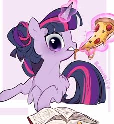 Size: 1873x2048 | Tagged: safe, artist:kawaiisoda_fiz, imported from derpibooru, twilight sparkle, alicorn, pony, alternate hairstyle, book, eating, female, food, glowing, glowing horn, horn, levitation, looking at you, lying down, magic, mare, pizza, prone, purple background, simple background, solo, teeth, telekinesis, twilight sparkle (alicorn)