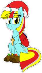 Size: 1519x2599 | Tagged: safe, artist:seafooddinner, imported from derpibooru, oc, oc only, oc:terri softmare, pony, unicorn, belt, boots, christmas, clothes, cross, female, hat, hearth's warming, holiday, jewelry, looking at you, mare, necklace, santa hat, shoes, simple background, sitting, smiling, solo, transparent background, wings