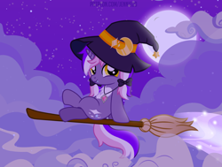 Size: 1100x831 | Tagged: safe, artist:jennieoo, imported from derpibooru, oc, oc only, oc:mystic moonlight, pony, unicorn, broom, cloud, fangs, female, filly, flying, flying broomstick, foal, gift art, hat, looking at you, moon, night, night sky, show accurate, sky, smiling, smiling at you, solo, vector, witch, witch hat