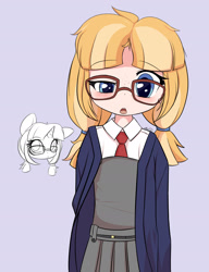 Size: 1189x1547 | Tagged: safe, artist:an-m, imported from derpibooru, oc, oc only, oc:butter berry, human, 2021, clothes, female, glasses, humanized, humanized oc, looking at you, old art, open mouth, school uniform, simple background, solo, young