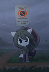 Size: 1800x2600 | Tagged: safe, artist:an-m, imported from derpibooru, oc, oc only, oc:reflect decrypt, earth pony, pony, 2022, cape, clothes, female, high res, looking at you, mare, old art, rain, sitting, solo, street sign, wind