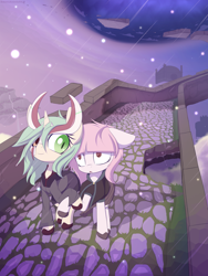 Size: 1798x2392 | Tagged: safe, artist:an-m, imported from derpibooru, oc, oc only, oc:setna, oc:tezla, earth pony, pony, unicorn, bridge, clothes, duo, female, high res, holding hooves, mare, road, surreal