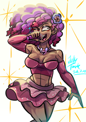 Size: 1240x1754 | Tagged: safe, artist:jully-park, imported from derpibooru, human, female, g5, humanized, microphone, moderate dark skin, muscles, muscular female, ruby jubilee, simple background, singing, yellow background