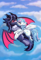 Size: 3546x5211 | Tagged: safe, artist:dinoalpaka, imported from derpibooru, oc, oc only, bat pony, pegasus, pony, blushing, coral, female, flying, horns, hug, male, mare, oc x oc, shipping, sky, stallion, wings