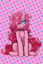 Size: 2600x3840 | Tagged: safe, artist:hanna_banana, imported from derpibooru, pinkie pie, earth pony, pony, best pony, cute?, female, fur, mare, one eye closed, pink, pink curly pony, pink pony, polka dot background, sitting, solo