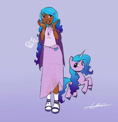 Size: 1440x1489 | Tagged: safe, artist:carolina_art, imported from derpibooru, izzy moonbow, human, pony, unicorn, dark skin, female, g5, gradient background, human ponidox, humanized, looking at you, mare, open mouth, open smile, self paradox, self ponidox, signature, smiling, smiling at you