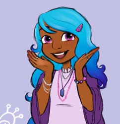 Size: 1440x1487 | Tagged: safe, artist:carolina_art, imported from derpibooru, izzy moonbow, human, pony, cropped, dark skin, female, g5, gradient background, humanized, looking at you, mare, open mouth, open smile, signature, smiling, smiling at you, solo