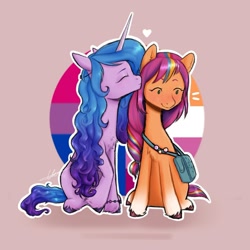 Size: 1440x1439 | Tagged: safe, artist:carolina_art, imported from derpibooru, izzy moonbow, sunny starscout, earth pony, pony, unicorn, bisexual pride flag, cute, female, g5, gay panic, heart, kissing, lesbian, lesbian pride flag, mane stripe sunny, moonscout, pride, pride flag, shipping, unshorn fetlocks