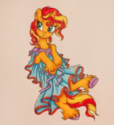 Size: 1457x1600 | Tagged: safe, artist:dariarchangel, imported from derpibooru, sunset shimmer, pony, unicorn, equestria girls, equestria girls series, blue dress, clothes, dress, female, horn, mare, traditional art