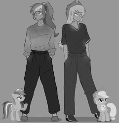 Size: 1440x1495 | Tagged: safe, artist:xram.vk, imported from derpibooru, applejack, rainbow dash, human, gray background, grayscale, humanized, monochrome, simple background