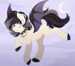 Size: 1400x1236 | Tagged: safe, artist:higgly-chan, imported from derpibooru, oc, oc only, oc:melody morningstar, bat pony, pony, butt freckles, chains, cloud, collar, colored hooves, ear fluff, ear piercing, earring, eyelashes, fangs, flying, freckles, horns, jewelry, looking at you, male, moon, piercing, silver tooth, smiling, solo, spiked collar, spread wings, stallion, wings