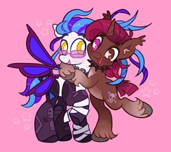 Size: 2048x1822 | Tagged: safe, artist:alexbeeza, imported from derpibooru, oc, oc only, pegasus, pony, unicorn, amputee, artificial wings, augmented, bandage, bandaged leg, beanbrows, blushing, coat markings, collar, colored ear fluff, colored eyebrows, colored hooves, colored pinnae, commission, couple, duo, ear fluff, ear tufts, eyebrows, eyebrows visible through hair, eyelashes, fangs, glasses, heterochromia, horn, hug, jewelry, mullet, necklace, oc x oc, open mouth, open smile, pale belly, pegasus oc, pink background, prosthetic leg, prosthetic limb, prosthetic wing, prosthetics, purple mane, purple tail, raised hoof, robotic legs, shipping, short tail, simple background, smiling, socks (coat markings), spiked collar, spread wings, standing, standing on two hooves, starry eyes, stars, tail, two toned mane, two toned tail, unicorn oc, unshorn fetlocks, wingding eyes, wings, yellow eyes