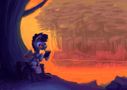 Size: 4093x2894 | Tagged: safe, artist:xallaanacyoxcyor, imported from derpibooru, oc, oc only, bat pony, forest, glasses, male, nature, reflection, solo, stallion, stallion oc, tree, tree stump, water