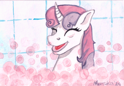 Size: 2336x1627 | Tagged: safe, artist:nauroka, imported from derpibooru, sweetie belle, pony, unicorn, bath, bathtub, bubble, tiled background, traditional art, watercolor painting