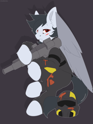 Size: 3600x4800 | Tagged: safe, artist:chura chu, imported from derpibooru, oc, oc:commissar junior, pegasus, pony, armor, gray background, helldivers, helldivers 2, helmet, male, pegasus oc, scar, simple background, solo, stallion, weapon, wings