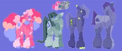 Size: 2048x853 | Tagged: safe, artist:peachpaws0, imported from derpibooru, limestone pie, marble pie, maud pie, pinkie pie, earth pony, blue background, chest fluff, ear fluff, female, lavender sunrise au, pie sisters, redesign, siblings, simple background, sisters, twins