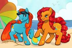 Size: 2700x1800 | Tagged: safe, artist:sparkytopia, imported from derpibooru, waterfire, earth pony, pony, beach, beach ball, cute, duo, duo female, female, freckles, g3, happy, hoof heart, looking at each other, looking at someone, mare, ocean, raised hoof, sand, seascape, signature, smiling, sunglasses, sunglasses on head, underhoof, water, wingding eyes