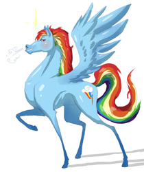 Size: 600x715 | Tagged: safe, artist:whitegriffis, imported from derpibooru, rainbow dash, pegasus, pony, emanata, faic, female, hoers, looking at you, mare, raised leg, simple background, smug, smugdash, snorting, solo, spread wings, white background, wings