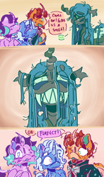 Size: 1075x1834 | Tagged: safe, artist:tottallytoby, imported from derpibooru, queen chrysalis, starlight glimmer, sunburst, trixie, changeling, changeling queen, pony, unicorn, ..., alternate hairstyle, alternate universe, awkward smile, beard, big smile, blue eyes, blue mane, blushing, breasts, cloak, clothes, colored eartips, colored hooves, colored horn, colored pinnae, comic, creepy, creepy smile, curly mane, curved horn, cute, cyan mane, dialogue, ear freckles, eye clipping through hair, eyes closed, eyeshadow, facial hair, fangs, female, freckles, funny, glimmerlis, grin, group, horn, leonine tail, lesbian, lidded eyes, looking at each other, looking at someone, looking at you, makeup, male, mare, messy mane, pink eyes, quartet, raised hoof, red mane, sharp teeth, shipping, short mane, smiling, smiling at you, speech bubble, stallion, straight mane, sunburst's cloak, sweat, sweatdrop, tail, talking, teeth, text, toothy grin, two toned mane