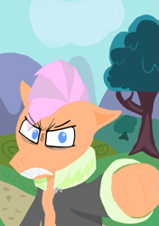 Size: 613x871 | Tagged: safe, artist:theonlyone, imported from derpibooru, oc, oc:judging eye, earth pony, pony, angry, background, blue eyes, clothes, cloud, day, dirt road, ears, hill, jacket, looking at you, male, mohawk, no cutie marks yet, pink hair, pointing at you, solo, stallion, tired, tree