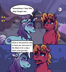 Size: 2305x2518 | Tagged: safe, artist:dragao_tecnologia, imported from derpibooru, sprout cloverleaf, earth pony, pony, 2 panel comic, alternate hairstyle, auroricorn, city, comet (g5), comic, g5, glasses, male, maretime bay, meta, my little pony: tell your tale, stallion