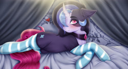 Size: 3300x1800 | Tagged: safe, artist:rafi, imported from derpibooru, oc, oc only, oc:glare cross, pony, unicorn, bed, blanket, blushing, choker, clothes, commission, curtains, curved horn, cute, female, hair over one eye, horn, mare, markings, socks, solo, striped socks, ych result