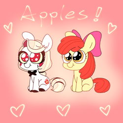 Size: 1080x1080 | Tagged: safe, artist:dexianyincha44820, imported from derpibooru, apple bloom, earth pony, pony, charlie morningstar, crossover, female, filly, foal, gradient background, hazbin hotel, heart, heart eyes, ponified, sitting, text, unshorn fetlocks, wingding eyes