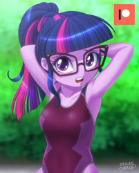 Size: 802x1000 | Tagged: safe, artist:uotapo, imported from derpibooru, sci-twi, twilight sparkle, equestria girls, armpits, blushing, clothes, female, glasses, one-piece swimsuit, open mouth, solo, swimsuit