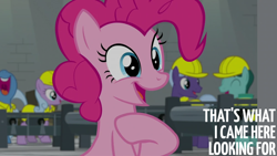 Size: 2000x1125 | Tagged: safe, edit, edited screencap, editor:quoterific, imported from derpibooru, screencap, pinkie pie, the last laugh, clothes, conveyor belt, factory, hard hat, hat