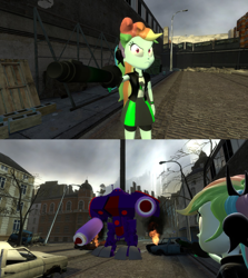 Size: 1364x1532 | Tagged: safe, artist:teslatitanicx, imported from derpibooru, human, robot, elements of insanity, equestria girls, 3d, boboiboy, cannon, car, city, destroyer probe, duo, female, giant robot, gmod, male, rainbine, rainbine ears, rocket, super probe