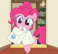 Size: 1486x1365 | Tagged: safe, artist:r4hucksake, imported from derpibooru, pinkie pie, earth pony, pony, to where and back again, bag, blushing, cute, diapinkes, female, mare, mouth hold, saddle bag, smiling, solo, to saddlebags and back again