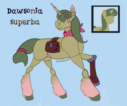 Size: 1659x1388 | Tagged: safe, artist:peachpaws0, derpibooru exclusive, imported from derpibooru, oc, oc:dawsonia superba, unicorn, amputee, bag, bandana, freckles, prosthetic limb, prosthetics, saddle bag, simple background, solo