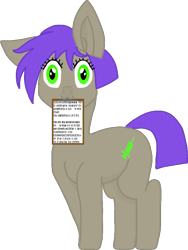 Size: 626x833 | Tagged: safe, artist:xada, imported from derpibooru, oc, oc only, earth pony, pony, clipboard, eyelashes, floppy ears, gibberish, green eyes, mouth hold, one ear down, owo, purple mane, purple tail, simple background, solo, tail, text, transparent background