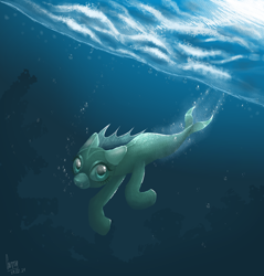 Size: 4500x4700 | Tagged: safe, artist:curryrice, imported from derpibooru, oc, oc only, hybrid, merpony, original species, pony, seapony (g4), bubble, complex background, crepuscular rays, digital art, dorsal fin, eyelashes, fin, fish tail, flowing tail, green eyes, ocean, scales, signature, smiling, solo, sunlight, swimming, tail, underwater, water