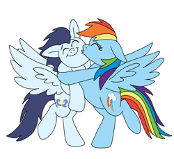 Size: 786x720 | Tagged: safe, artist:dasher666, imported from derpibooru, rainbow dash, soarin', pegasus, pony, bipedal, cheek kiss, female, kissing, male, mare, shipping, simple background, soarindash, stallion, straight, white background