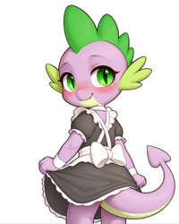 Size: 1376x1720 | Tagged: safe, imported from twibooru, spike, dragon, ai content, ai generated, blushing, clothes, crossdressing, curtsey, cute, dress, femboy spike, generator:stable diffusion, girly, green eyes, image, looking at you, looking back, maid, png, rear view, simple background, smiling, solo, spikabetes, standing, tail, white background