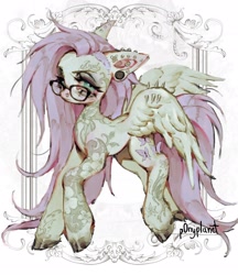 Size: 1770x2048 | Tagged: safe, artist:p0nyplanet, imported from derpibooru, fluttershy, pegasus, pony, colored hooves, colored pinnae, ear piercing, earring, eyebrows, eyelashes, female, glasses, hooves, jewelry, mare, nose piercing, partially open wings, piercing, pink mane, signature, simple background, solo, standing, tattoo, white background, wing piercing, wings