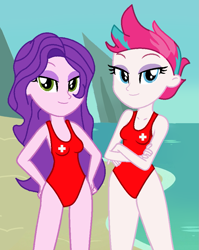 Size: 755x949 | Tagged: safe, artist:robertsonskywa1, imported from derpibooru, pipp petals, zipp storm, equestria girls, baywatch, beach, clothes, equestria girls-ified, female, females only, g5, g5 to equestria girls, g5 to g4, generation leap, hand on hip, lifeguard, one-piece swimsuit, photo, red cross, royal sisters (g5), siblings, sisters, swimsuit