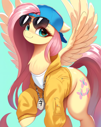 Size: 4096x5120 | Tagged: safe, imported from derpibooru, fluttershy, pegasus, pony, ai content, ai generated, backwards ballcap, baseball cap, blue background, cap, chains, chest fluff, cute, female, generator:pony diffusion v6 xl, generator:purplesmart.ai, generator:stable diffusion, green eyes, hat, long tail, looking at you, mare, pink mane, prompter:lerkyboy, shyabetes, simple background, smug, solo, solo female, spread wings, standing, sunglasses, tail, thug, thug life, wings, yellow coat