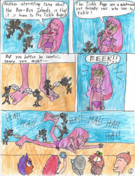 Size: 600x776 | Tagged: safe, artist:quinstiff, button mash, cheerilee, featherweight, scootaloo, silver spoon, twist, insect, comic:the mystery of sleeping gas island: chapter 1, bikini, clothes, feather, purple bikini, purple swimsuit, swimsuit, tickle torture, tickling