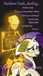 Size: 1620x2880 | Tagged: safe, artist:aaronmk, imported from derpibooru, rainbow dash, rarity, bone, clipboard, implied rainbow dash, kentucky route zero, skeleton, text