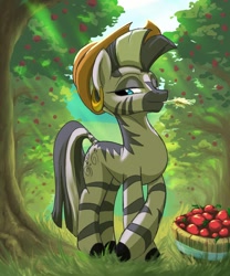 Size: 1000x1200 | Tagged: safe, artist:rocket-lawnchair, imported from derpibooru, zecora, zebra, accessory theft, apple, apple tree, applejack's hat, bucket, cowboy hat, female, food, hat, lidded eyes, mare, solo, straw in mouth, sweet apple acres, tree