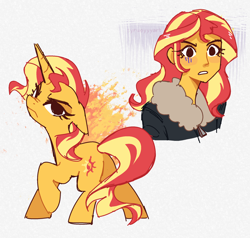 Size: 2204x2102 | Tagged: safe, artist:syrupyyy, imported from derpibooru, sunset shimmer, human, pony, unicorn, equestria girls, butt, clothes, duality, duo, duo female, female, fire, frown, high res, horn, jacket, looking back, mare, narrowed eyes, nose wrinkle, orange coat, plot, raised hoof, signature, simple background, solo, sunset shimmer is not amused, tail, two toned mane, two toned tail, unamused, white background