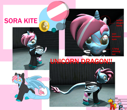 Size: 2545x2210 | Tagged: safe, imported from derpibooru, oc, oc:sora kite, dracony, dragon, hybrid, pony, unicorn, pony town, 3d, clothes, emo, fangs, female, gmod, hoodie, horns, reference sheet, scar, screenshots, size comparison, smol, socks, solo, wings